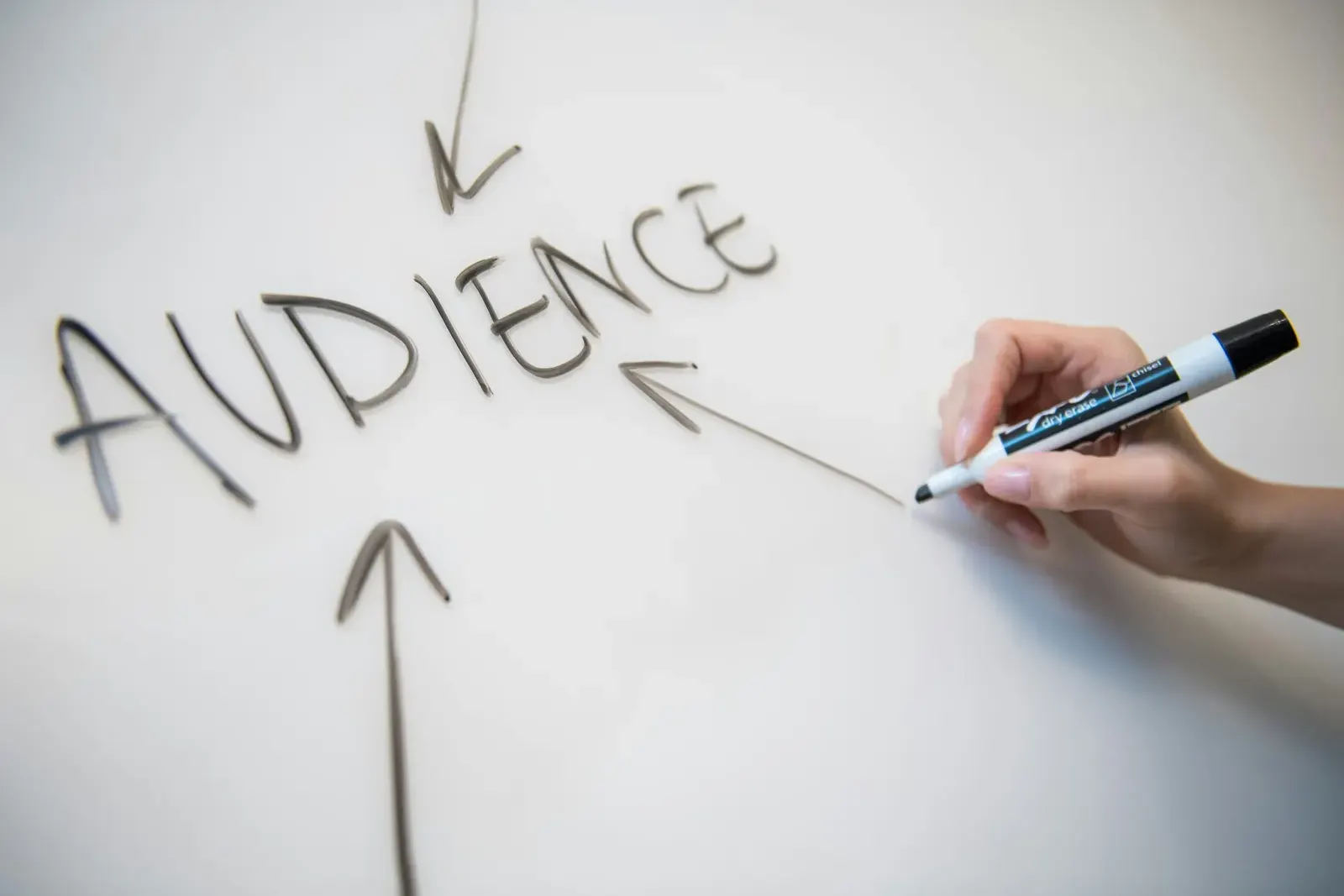 Hand writing the word audience on a whiteboard with arrows pointing toward it