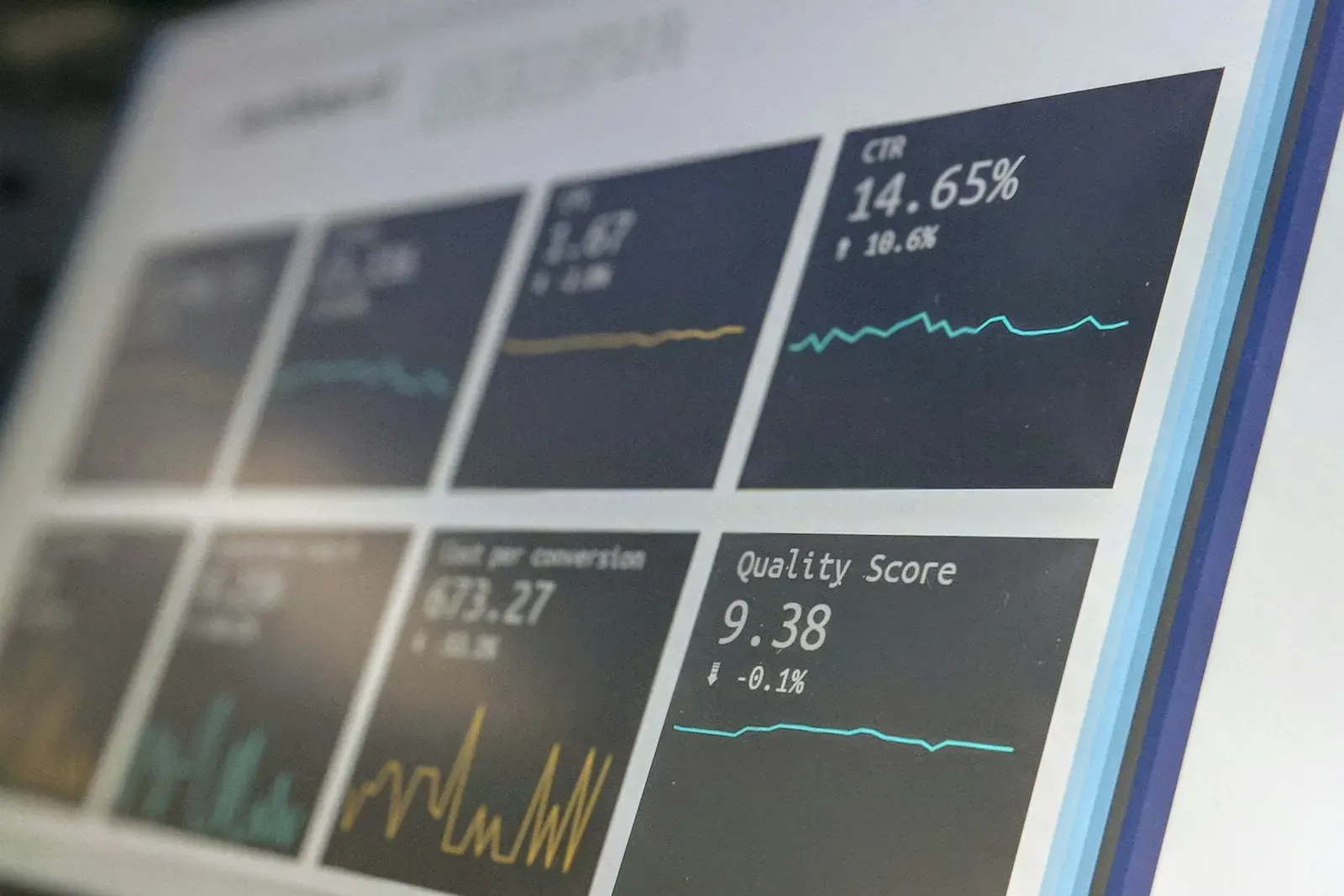 Monitor showing advertising metrics including click-through rate, cost per conversion and quality score